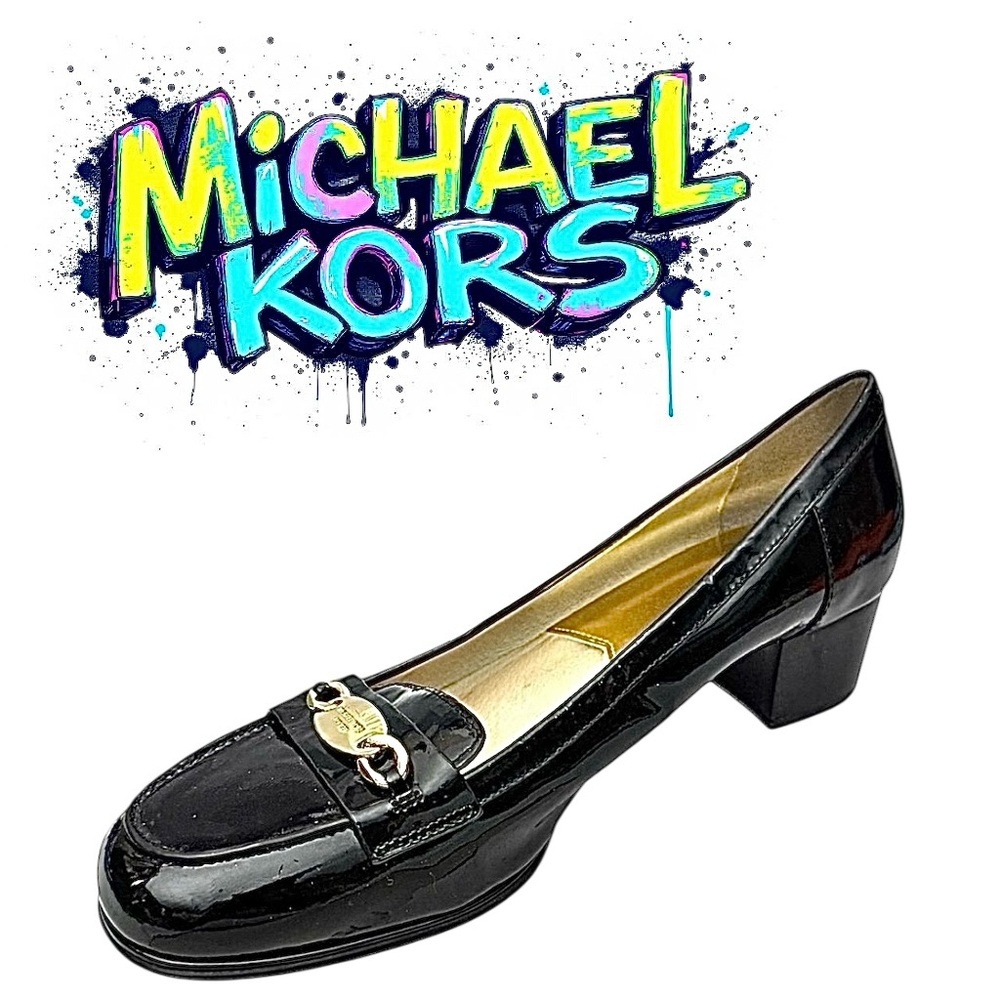 Michael Kors Black Patent Leather Square Toe Loafers Heels Womens Size 10 M